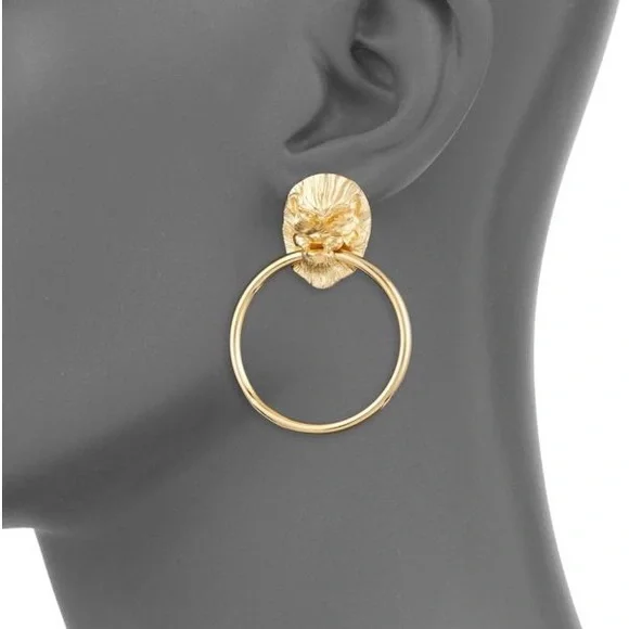 Italian 18kt Yellow Gold Over Sterling Silver Lion Head Doorknocker Earrings - Picture 5 of 11